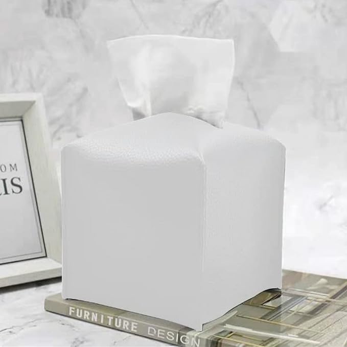 Tissue Box Cover – 5x5x5-Inch Faux Leather Modern Square Tissue Holder for Bathroom, Desk, Vanity