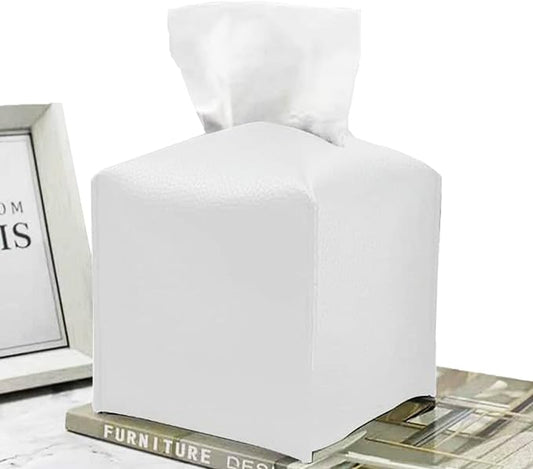 Tissue Box Cover – 5 x 5 x 5-inch Faux Leather Tissue Holder – Modern Decorative Square Tissue Holder – Tissue Box Holder Cover for Bathroom, Desk, Vanity, Nightstand – White