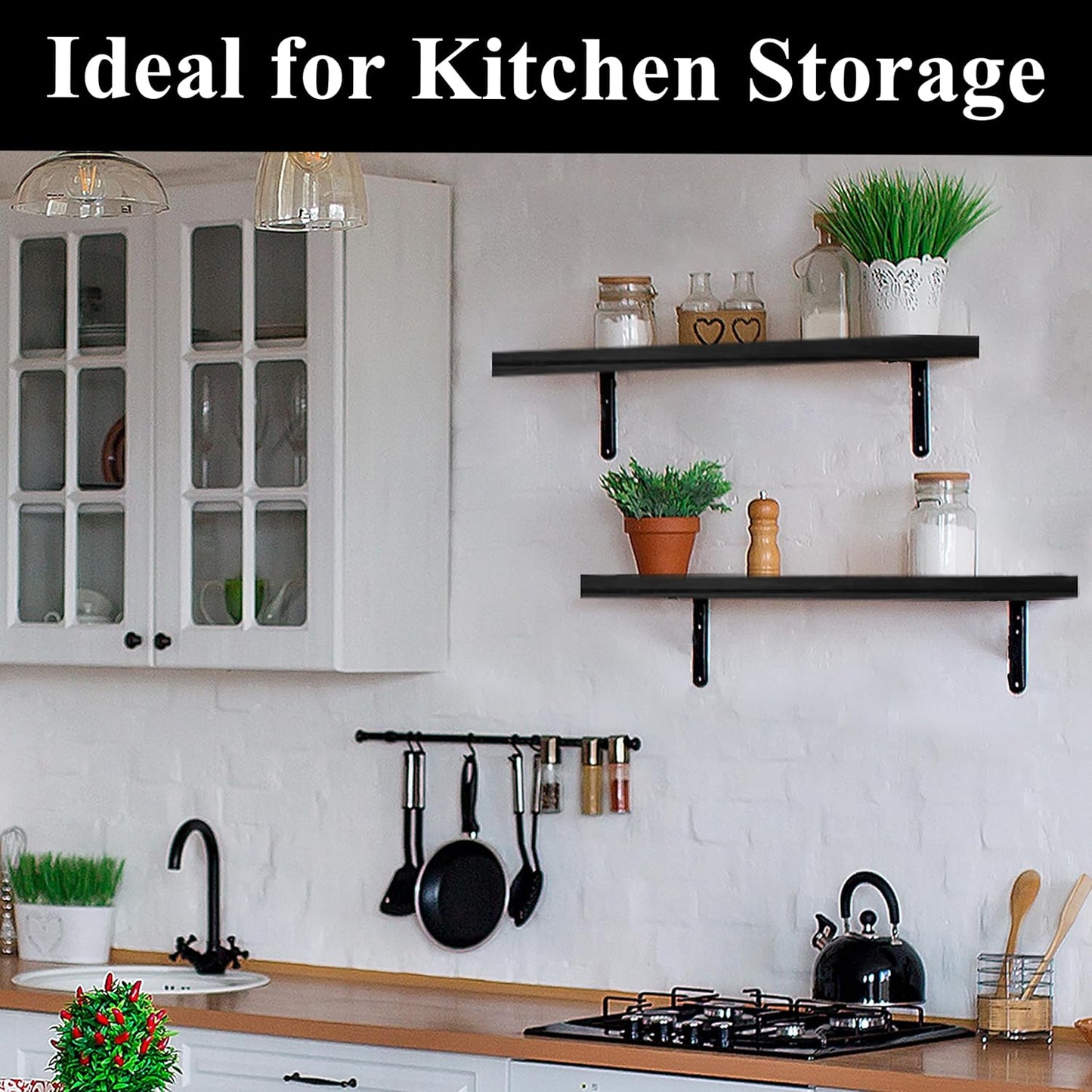 Crystal Lemon Black Floating Shelves – Set of 2 Rustic Wall Shelves for Living Room, Bathroom & Kitchen