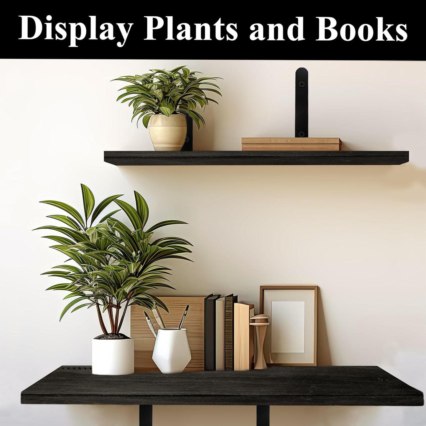 Crystal Lemon Black Floating Shelves – Set of 2 Rustic Wall Shelves for Living Room, Bathroom & Kitchen