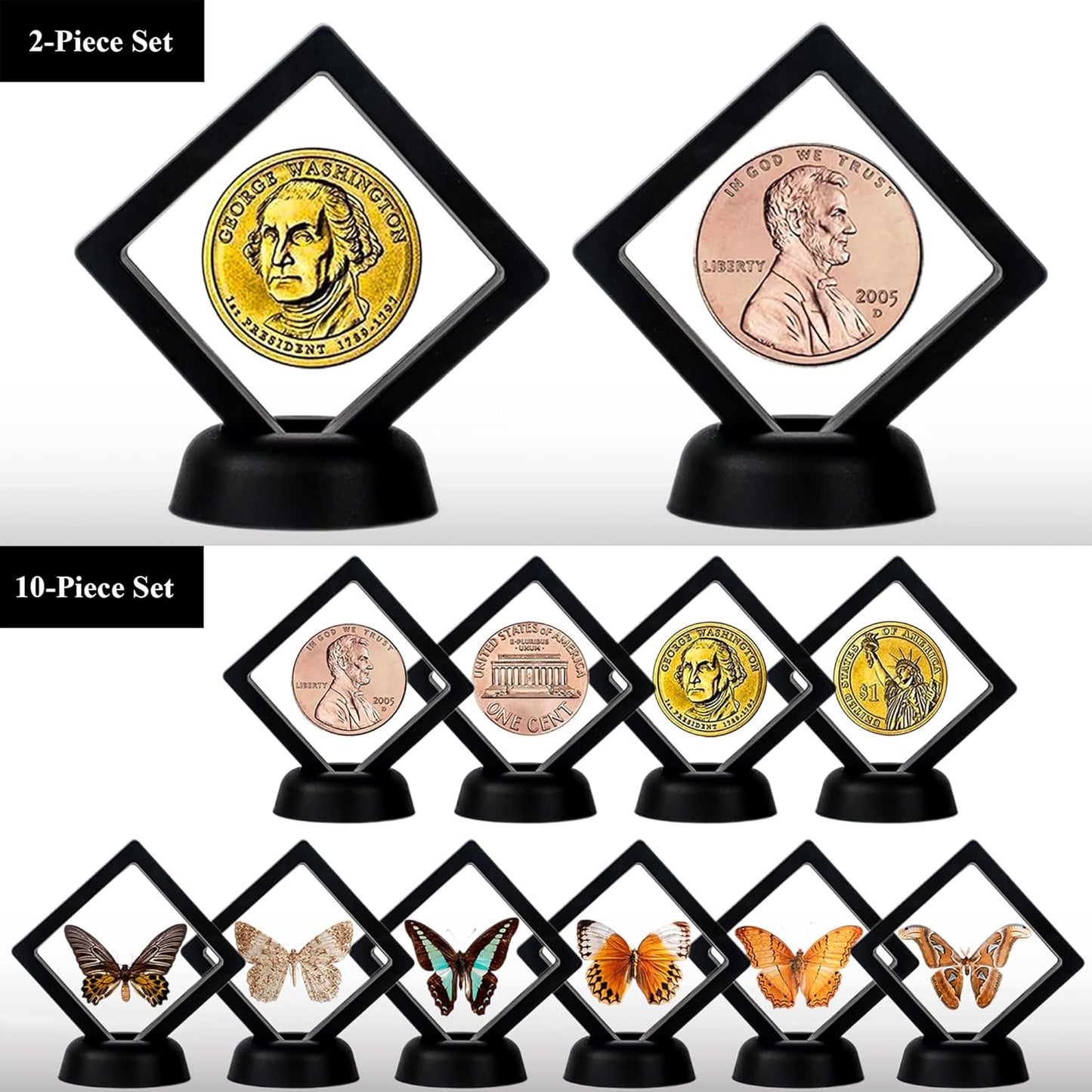 C Crystal Lemon 10-Piece Coin Display Set – Black Case for Challenge Coins, Medals & Jewelry