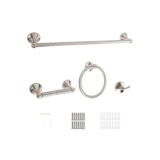 Crystal Lemon 4-Piece Bathroom Hardware Set – Brushed Nickel Towel Bar, Hook, Ring & Holder Kit