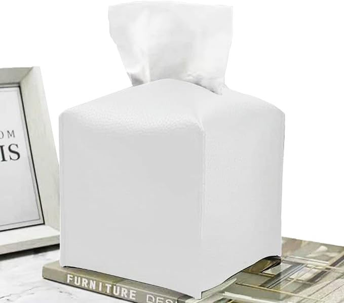 Tissue Box Cover – 5 x 5 x 5-inch Faux Leather Tissue Holder – Modern Decorative Square Tissue Holder – Tissue Box Holder Cover for Bathroom, Desk, Vanity, Nightstand – White