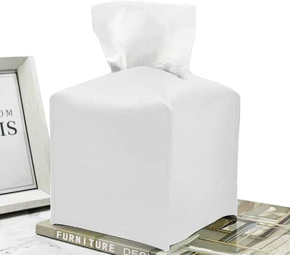 Tissue Box Cover – 5 x 5 x 5-inch Faux Leather Tissue Holder – Modern Decorative Square Tissue Holder – Tissue Box Holder Cover for Bathroom, Desk, Vanity, Nightstand – White