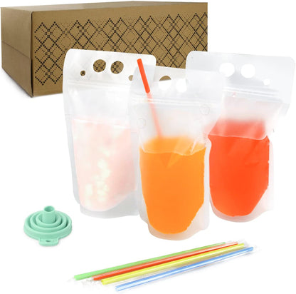 Liquor Drink Pouches with Straws & Funnel – Reusable Juice & Smoothie Bags for Adults