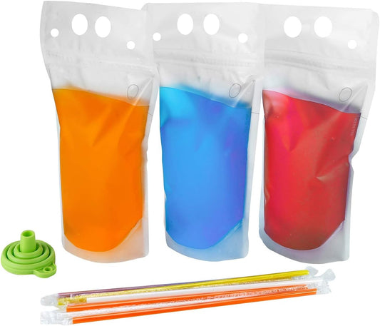 Liquor Drink Pouches with Straws & Funnel – Reusable Juice & Smoothie Bags for Adults