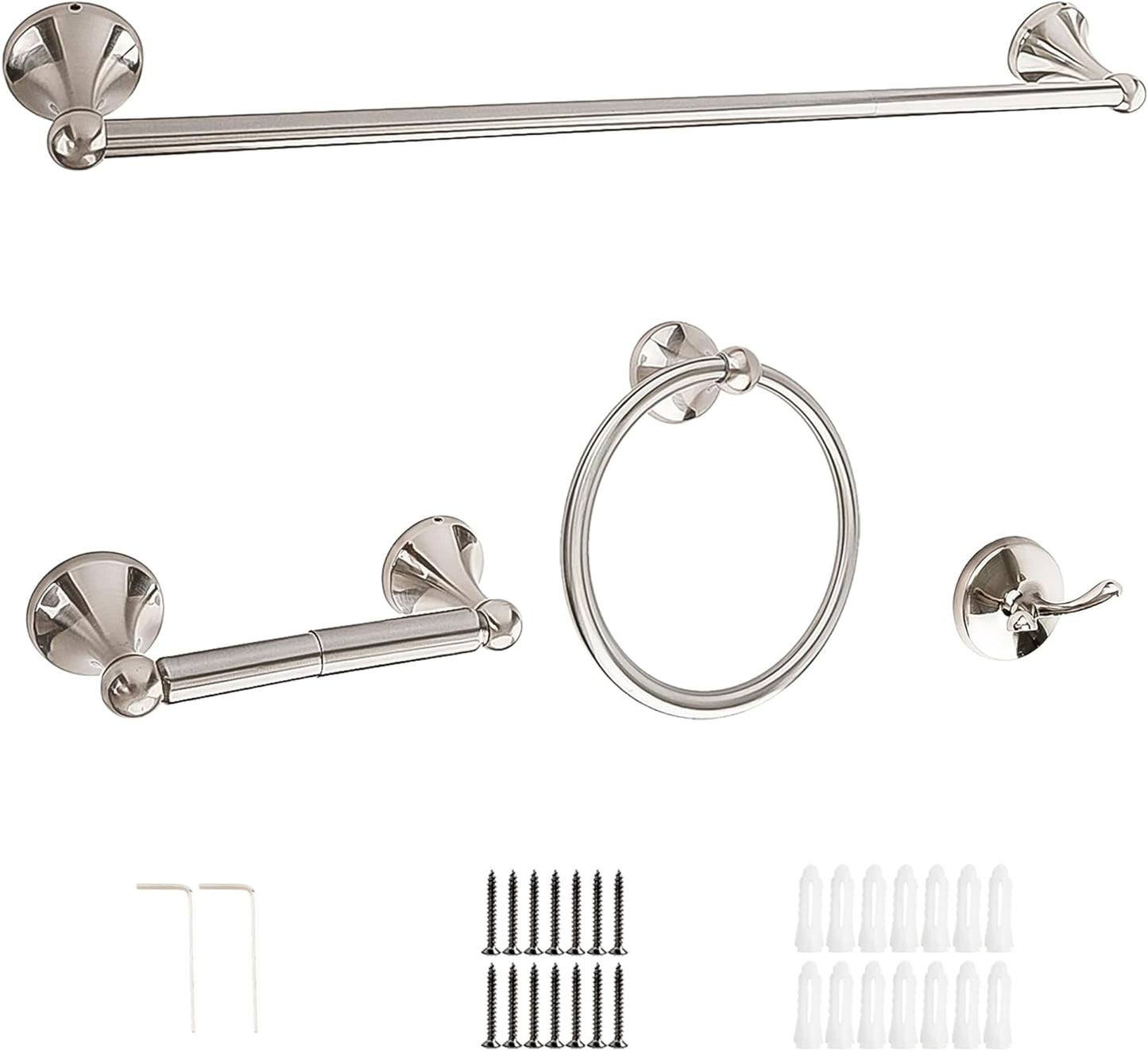 Crystal Lemon 4-Piece Bathroom Hardware Set – Brushed Nickel Towel Bar, Hook, Ring & Holder Kit