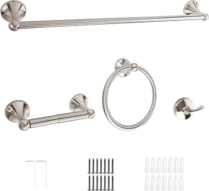 Crystal Lemon 4-Piece Bathroom Hardware Set – Brushed Nickel Towel Bar, Hook, Ring & Holder Kit