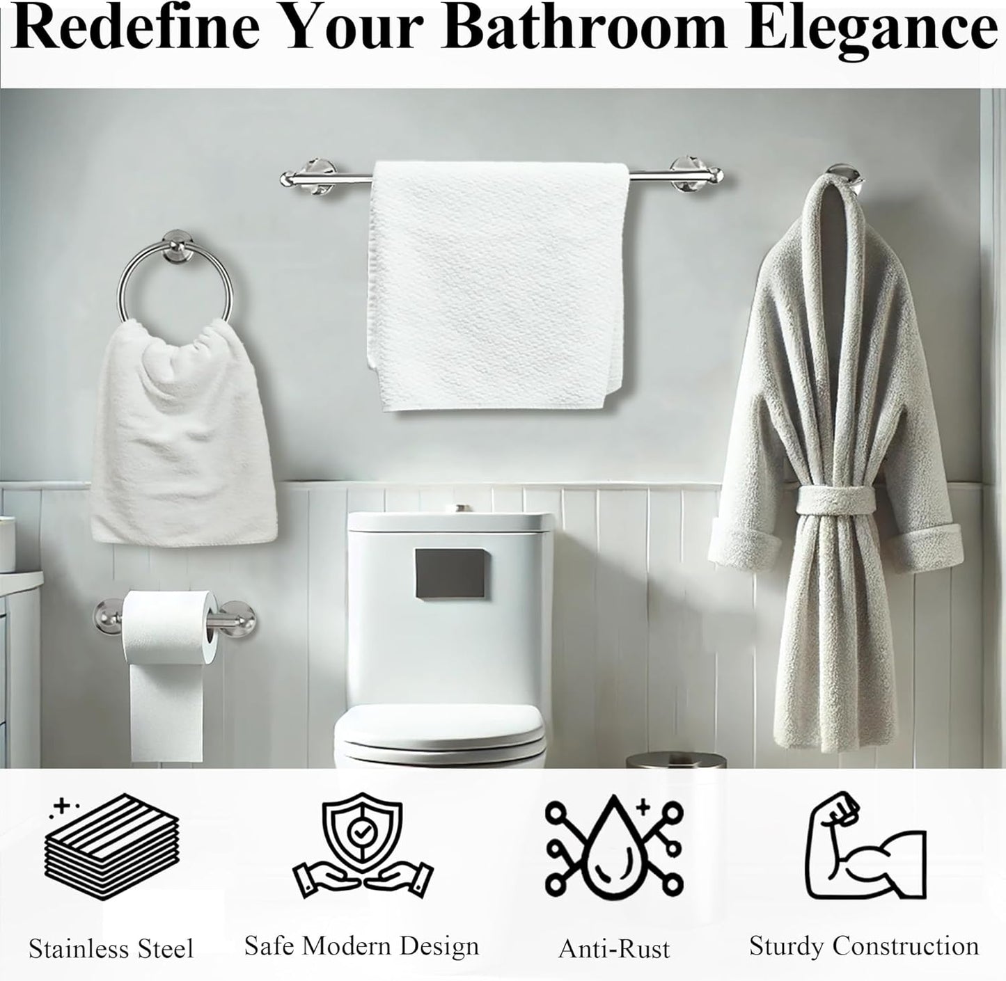 Crystal Lemon 4-Piece Bathroom Hardware Set – Brushed Nickel Towel Bar, Hook, Ring & Holder Kit