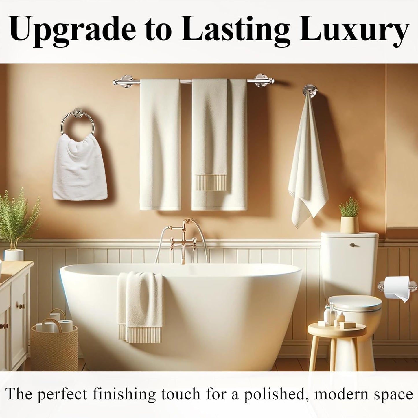 Crystal Lemon 4-Piece Bathroom Hardware Set – Brushed Nickel Towel Bar, Hook, Ring & Holder Kit
