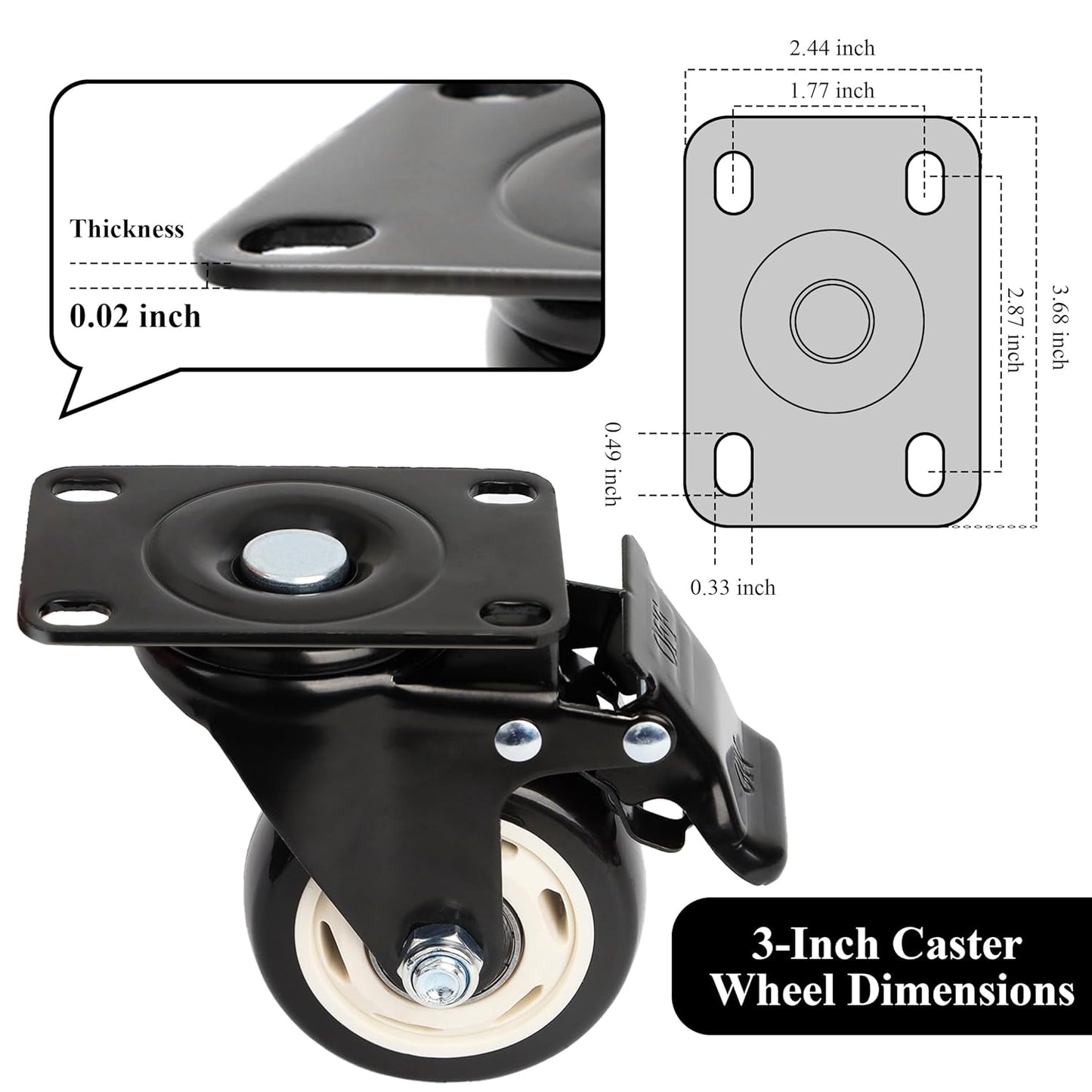 Crystal Lemon 3-Inch Caster Wheels – Heavy-Duty Swivel Set of 4 with Brake for Furniture & Carts