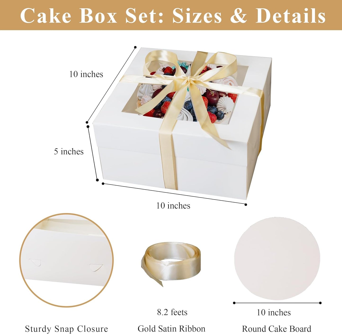 Crystal Lemon 10 Inch Cake Boxes with Window – Set of 5 Gift Boxes with Base & Ribbon for Bakery
