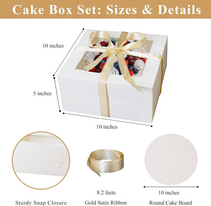 Crystal Lemon 10 Inch Cake Boxes with Window – Set of 5 Gift Boxes with Base & Ribbon for Bakery