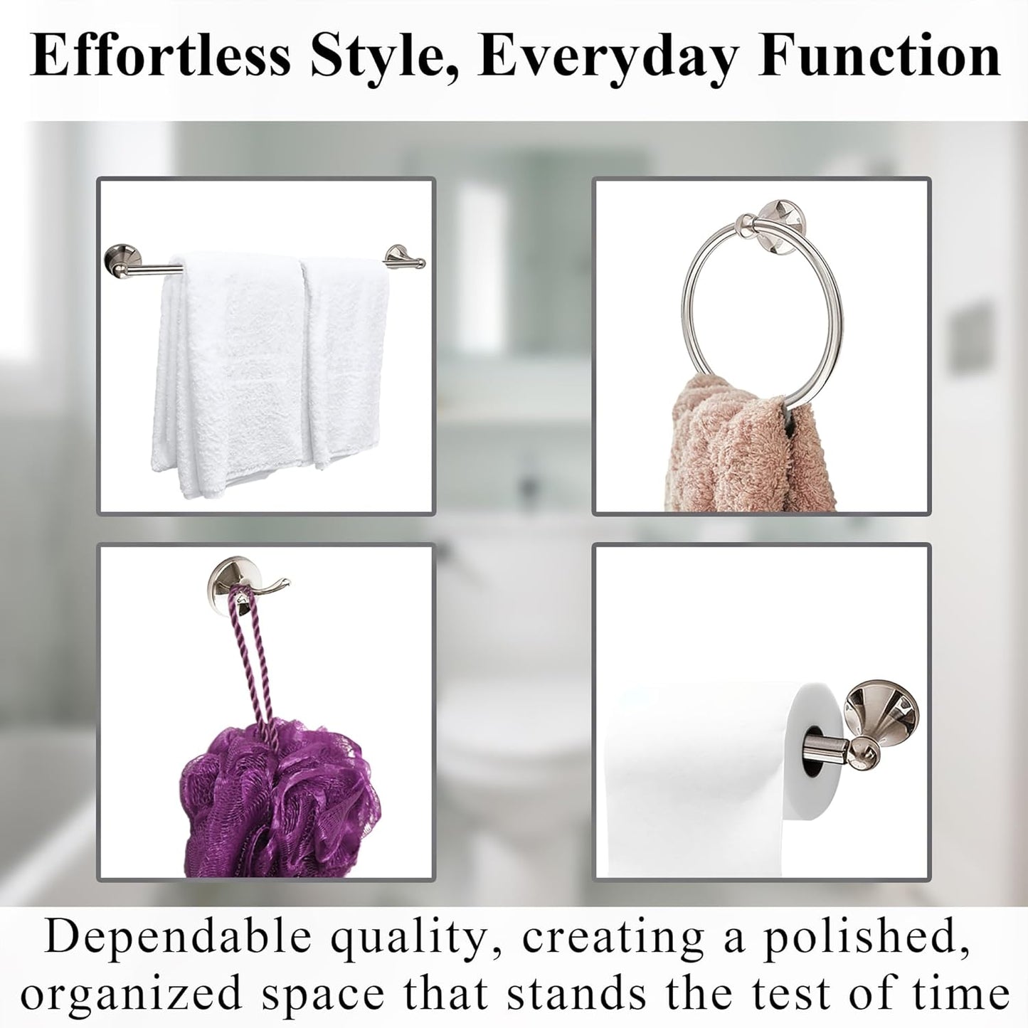 Crystal Lemon 4-Piece Bathroom Hardware Set – Brushed Nickel Towel Bar, Hook, Ring & Holder Kit