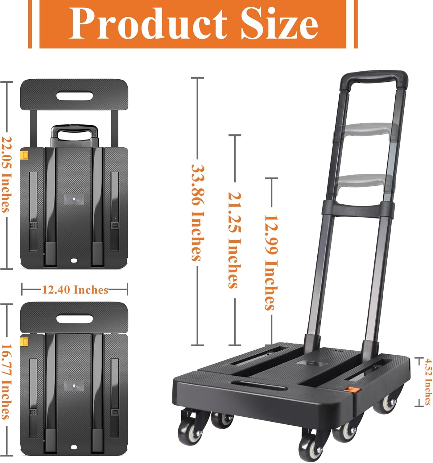Crystal Lemon Heavy-Duty Folding Dolly Cart – 440LB Capacity with Wheels & Lock for Luggage & Moving