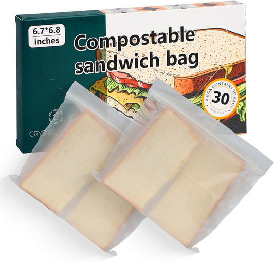 Crystal Lemon Compostable Sandwich Bags – 30-Pack Eco Zipper Bags for Fresh Food Storage
