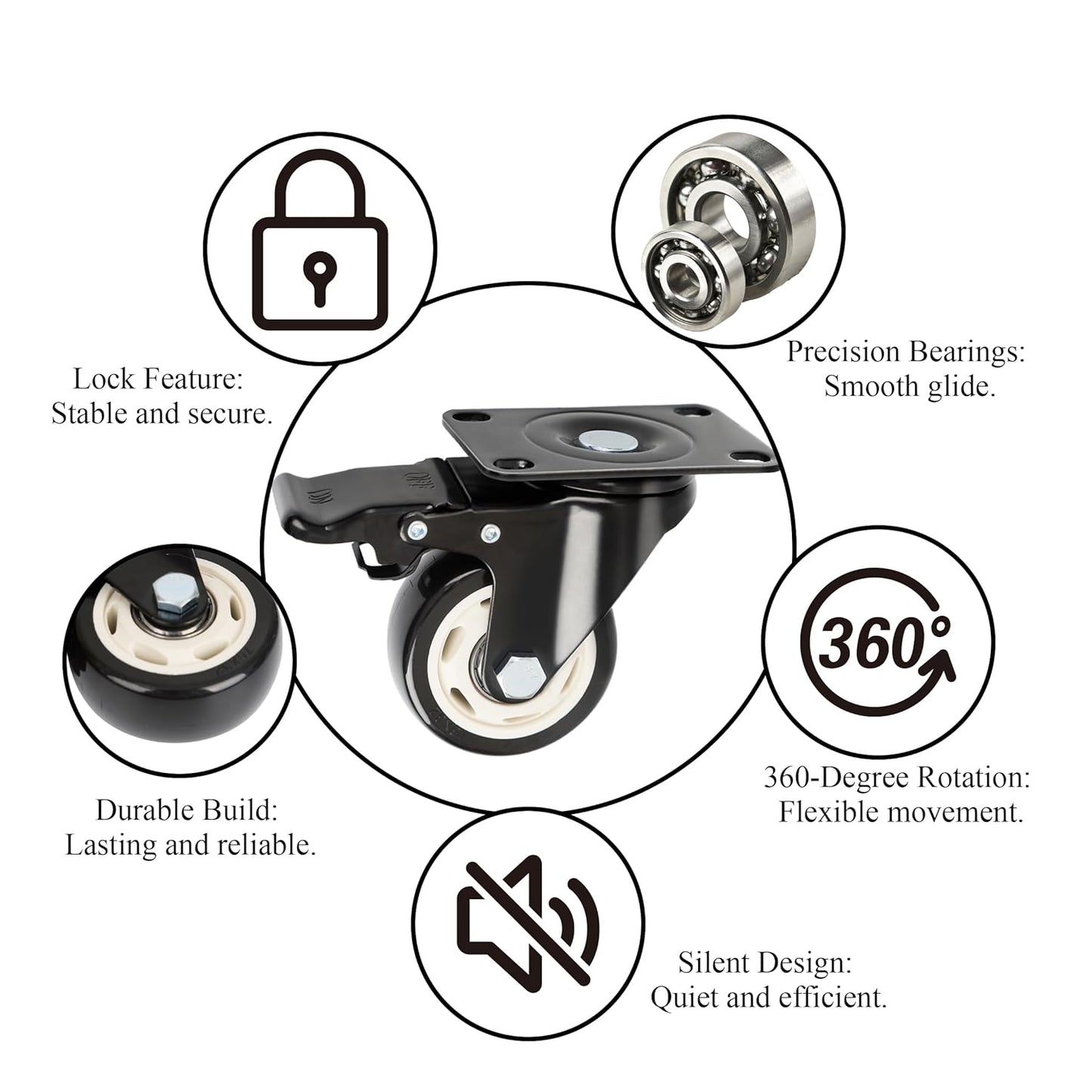 Crystal Lemon 3-Inch Caster Wheels – Heavy-Duty Swivel Set of 4 with Brake for Furniture & Carts