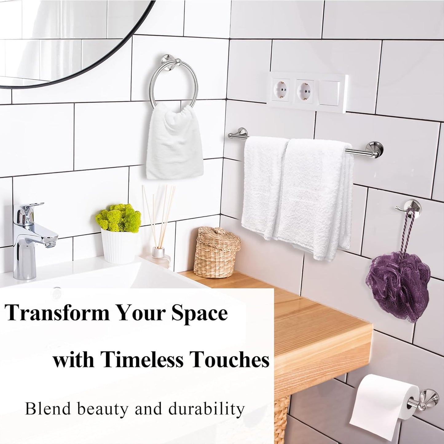 Crystal Lemon 4-Piece Bathroom Hardware Set – Brushed Nickel Towel Bar, Hook, Ring & Holder Kit