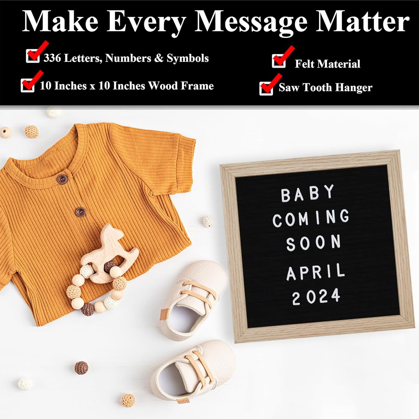 Felt Letter Board – 10x10in, Includes 336 Letters, Symbols & Emojis – Changeable Word Board for Home, Office, Baby Showers & Events