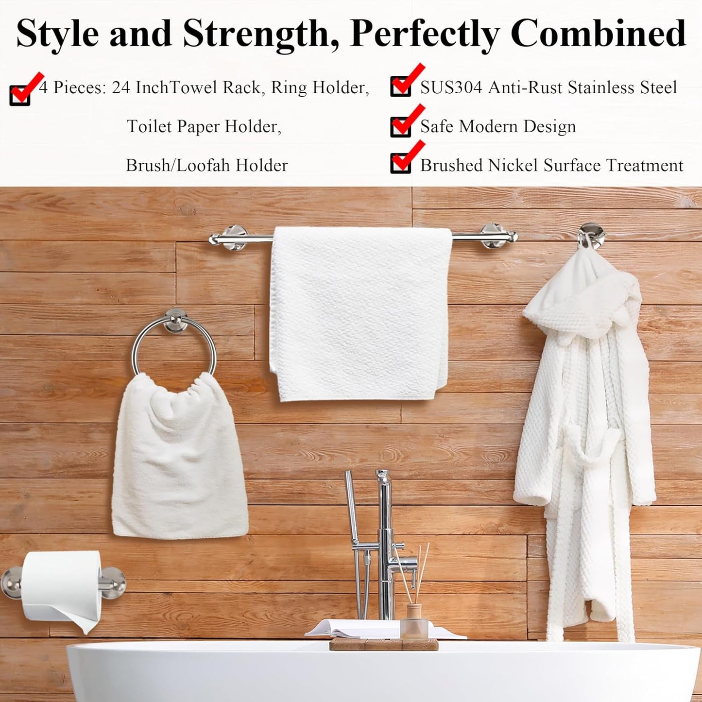 Crystal Lemon 4-Piece Bathroom Hardware Set – Brushed Nickel Towel Bar, Hook, Ring & Holder Kit