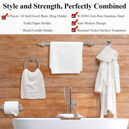 Crystal Lemon 4-Piece Bathroom Hardware Set – Brushed Nickel Towel Bar, Hook, Ring & Holder Kit
