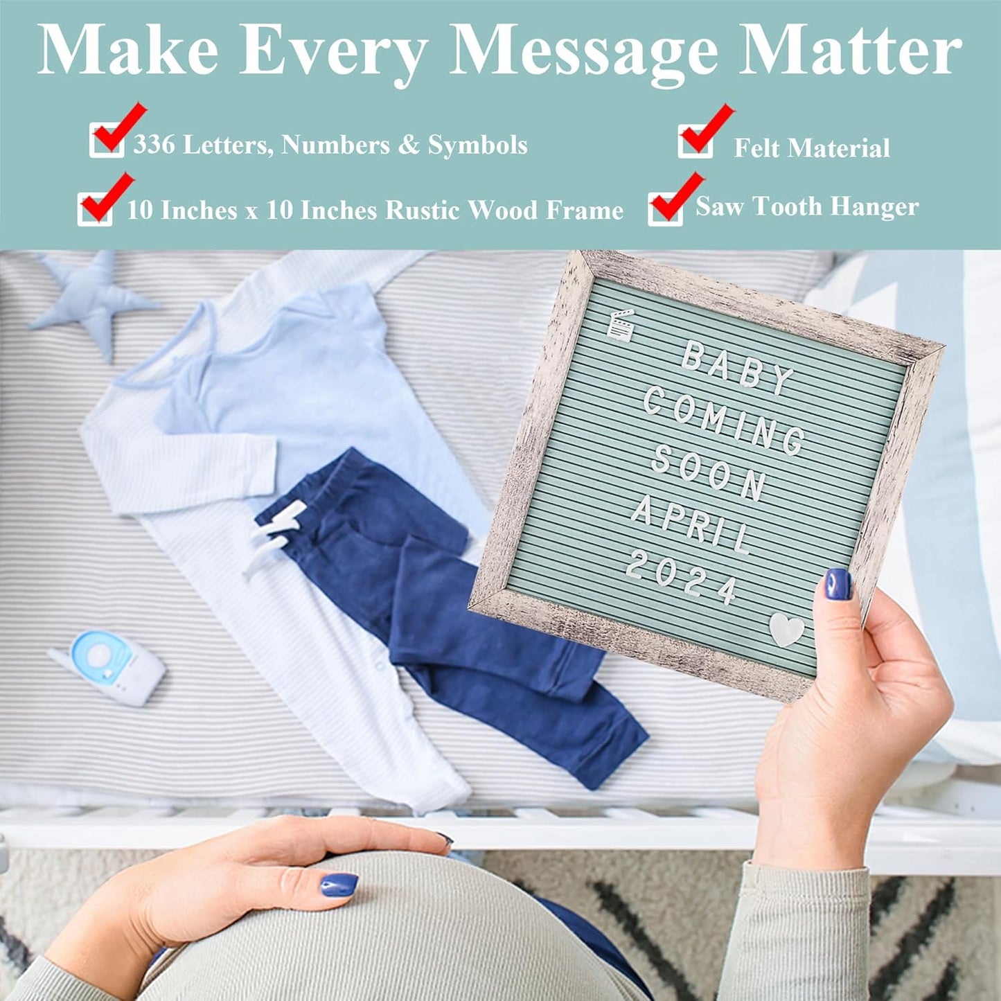 Felt Letter Board – 10x10in, Includes 336 Letters, Symbols & Emojis – Changeable Word Board for Home, Office, Baby Showers & Events
