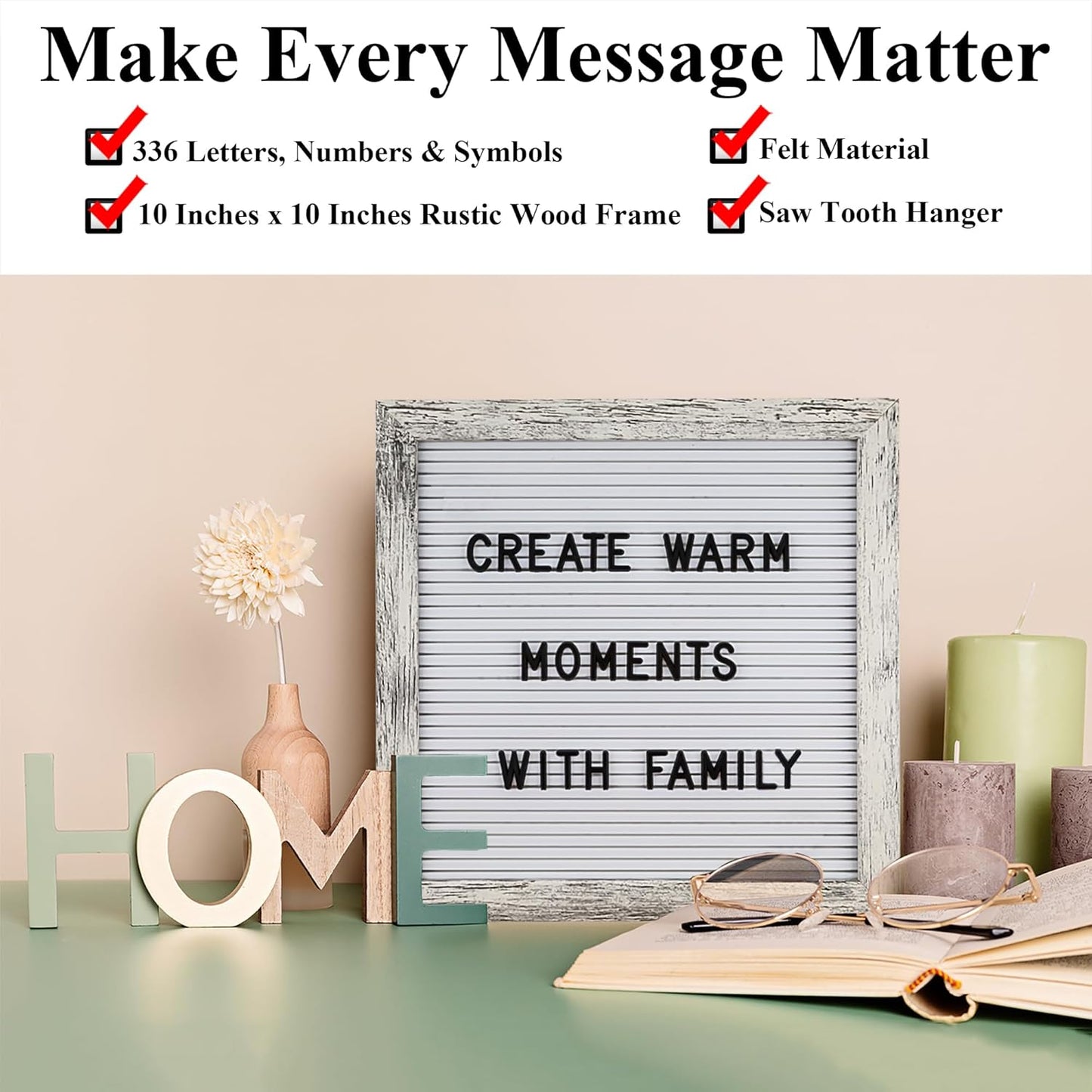 Felt Letter Board – 10x10in, Includes 336 Letters, Symbols & Emojis – Changeable Word Board for Home, Office, Baby Showers & Events