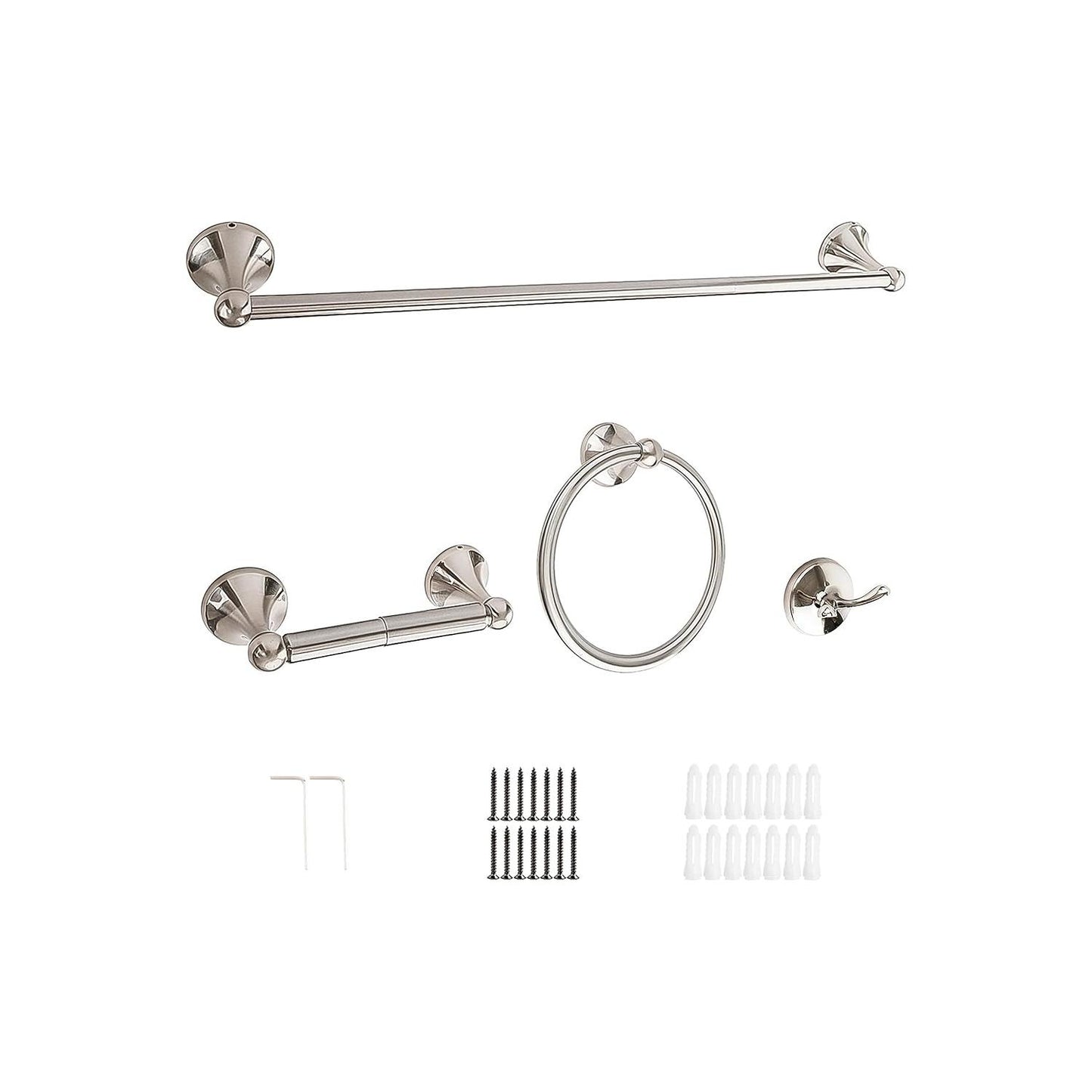 Crystal Lemon 4-Piece Bathroom Hardware Set – Brushed Nickel Towel Bar, Hook, Ring & Holder Kit